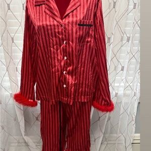 Red Striped Pajama Set with Fur Trim